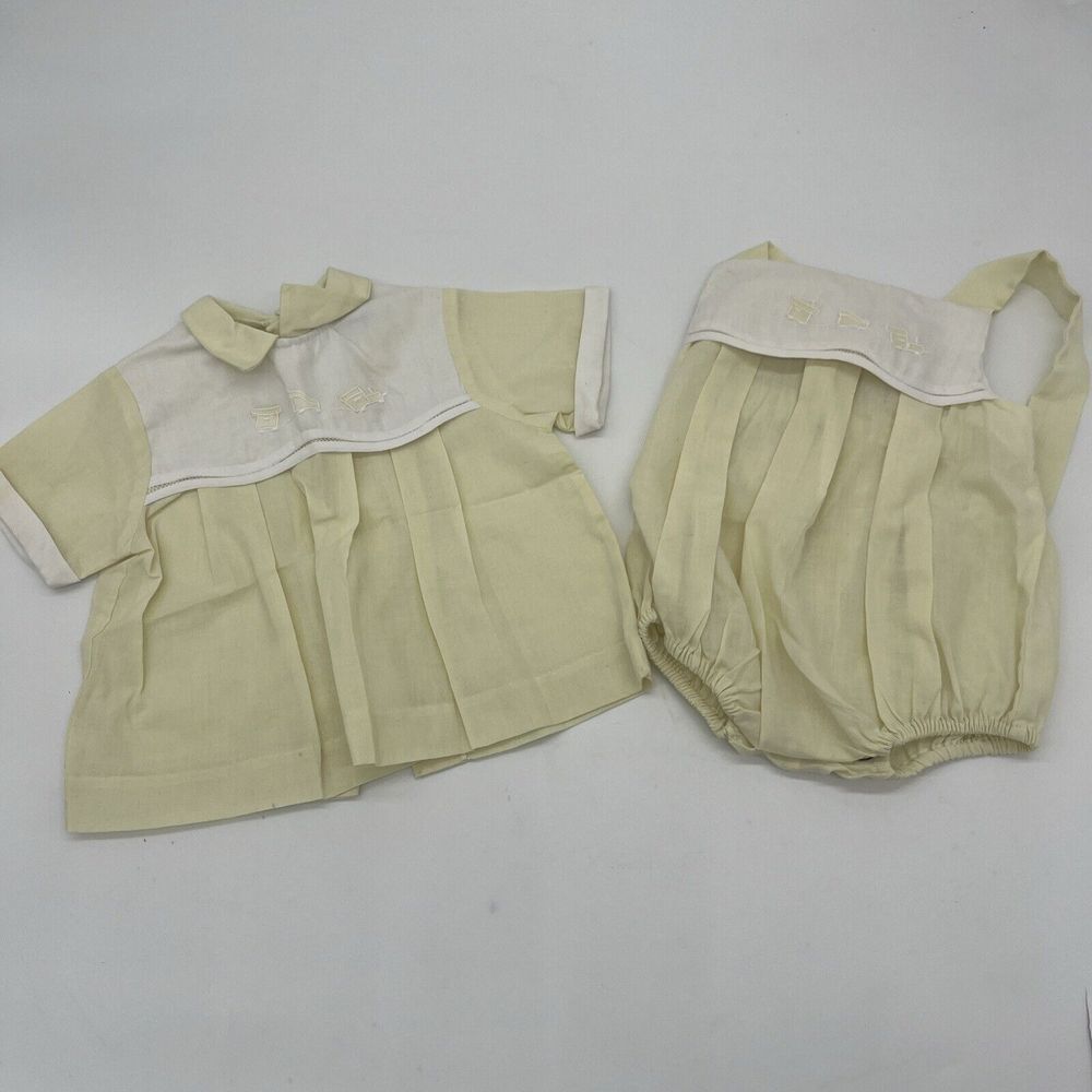 VTG Carriage Boutique Yellow Smocked Trains  Embroidered Romper 3-6M & Shirt 6M‎
